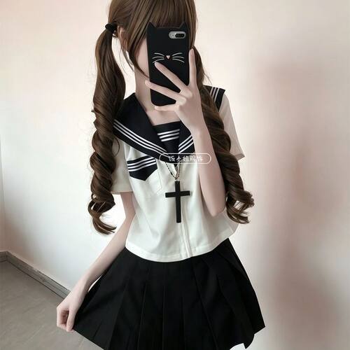 三件套JK制服穿搭正统白三本中间水手服搭配同黑百褶裙软妹套装 - 图1
