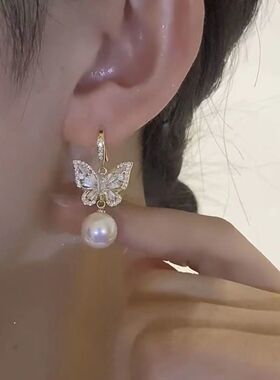 韩国气质水钻蝴蝶耳环女珠珠耳坠