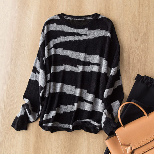 不一样的斜条纹衫 百搭时尚亮丝亮片羊毛羊绒宽松圆领长袖针织衫 - 图1