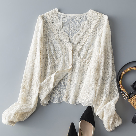 真心美貌！法式修身V领衬衫设计感小众洋气打底衫蕾丝长袖上衣女