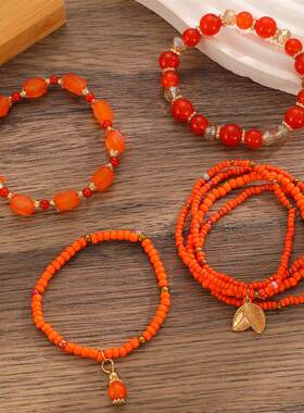 波西米亚多层串珠时尚百搭叶子吊坠米珠弹力手链旅游度假拍照配饰