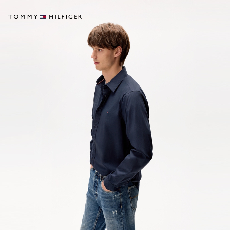 Tommy秋冬男装商务休闲正装简约小绣标纯色修身长袖衬衫外套 - 图3