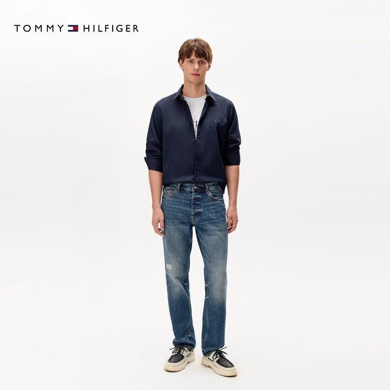 Tommy秋冬男装商务休闲正装简约小绣标纯色修身长袖衬衫外套 - 图2