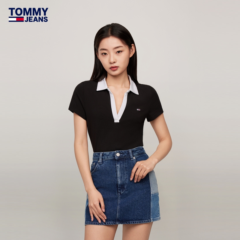 Tommy 24新款春夏女装复古弹力撞色V领修身短袖POLO衫DW0DW17225 - 图1