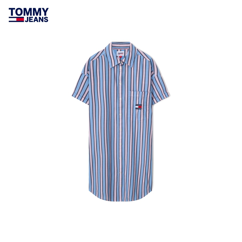 Tommy 女装美式纯棉府绸条纹刺绣宽松衬衫外套连衣裙DW0DW15186