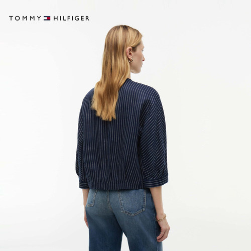 Tommy26秋冬新款女莱赛尔亚麻混纺休闲条纹宽松圆领长袖衬衫外套 - 图2