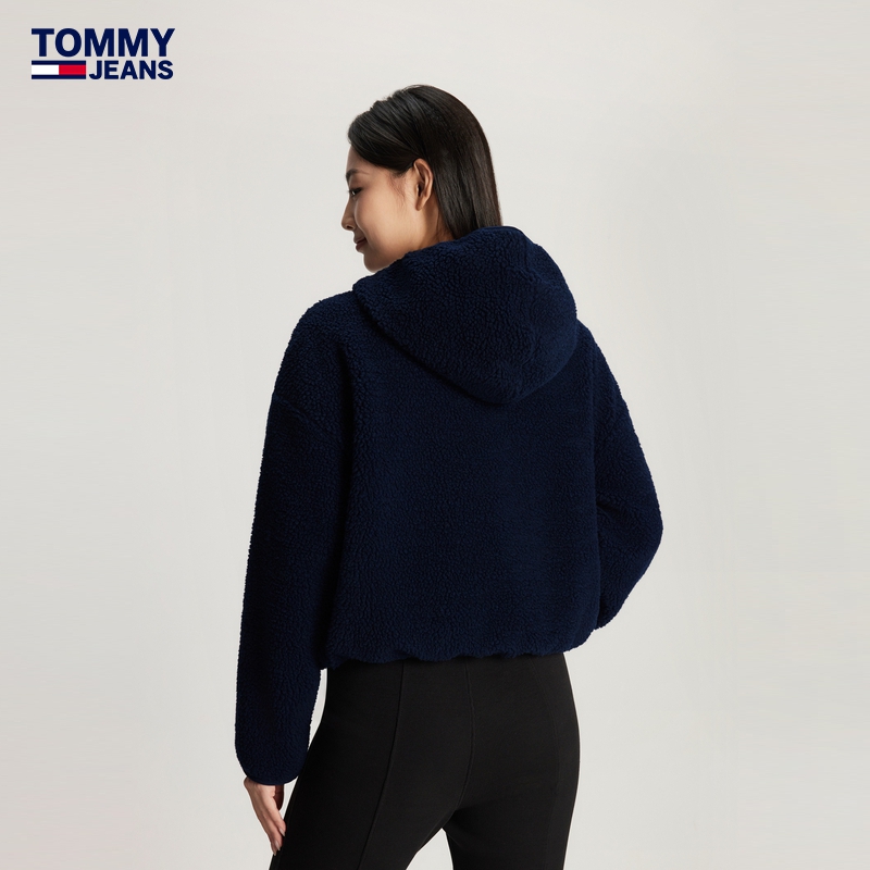 Tommy秋冬女装舒适仿羊羔绒刺绣连帽拉链开衫卫衣外套TWOMP902-图1