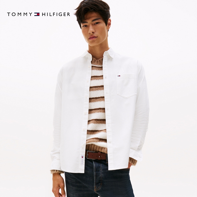 Tommy25秋冬新款男装纯棉牛津纺复古休闲宽松落肩长袖衬衫外套 - 图0