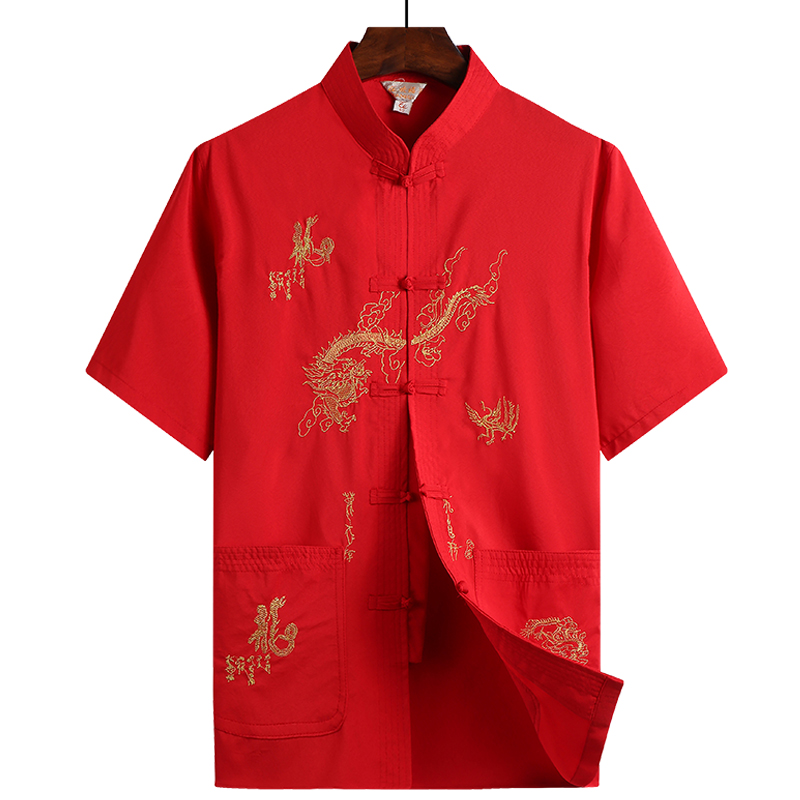 酷森实业服饰中老年人男士唐装短袖衬衫套装夏季汉服爸爸中式爷爷大码民族服装3