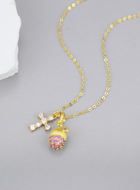 粉红镶钻小松果项链s925纯银镀黄金色十字架小松果轻奢女锁骨链子