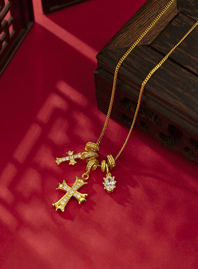 s925纯银镀黄金色首饰双十字架项链女时尚镶钻闪高级感轻奢锁骨链