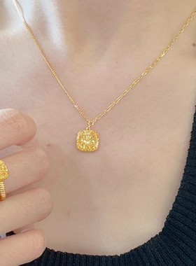 包金黄金包银首饰品项链女黄金色方糖吊坠锁骨链轻奢方糖戒指指环