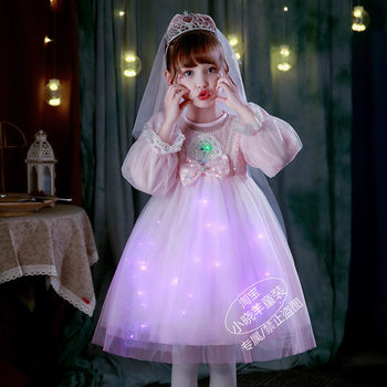 Frozen Glowing Elsa Princess Elsa Dress Girls Spring and Summer Short Sleeve New Dress ວັນເດືອນປີເກີດຂອງເດັກນ້ອຍ