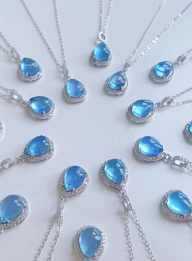 人鱼泪珠海蓝宝水滴纯银项链