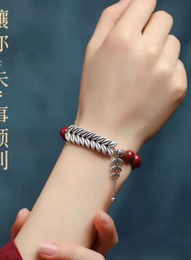 天然原矿石朱砂手串女款足银