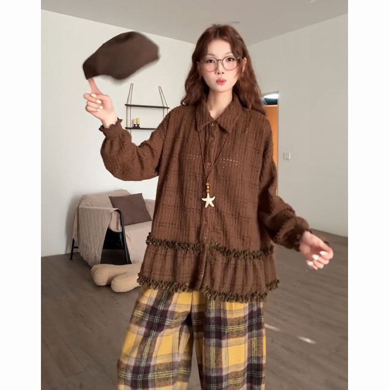 秋冬温柔慵懒风复古木耳边长袖衬衫叠穿针织撞色马甲开衫两件套装,淘宝优惠券,粉丝福利购,淘宝优惠卷