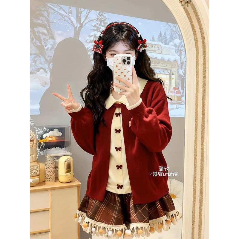 2026新年温柔圣诞红色假两件蝴蝶结毛衣搭配格纹毛绒边裙两件套装,淘宝优惠券,粉丝福利购,淘宝优惠卷