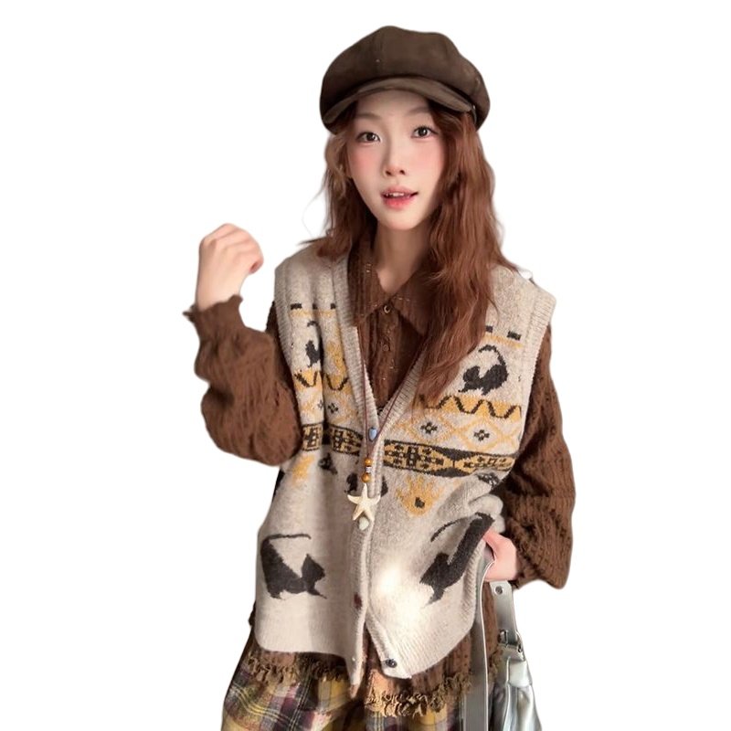 秋冬温柔慵懒风复古木耳边长袖衬衫叠穿针织撞色马甲开衫两件套装,淘宝优惠券,粉丝福利购,淘宝优惠卷