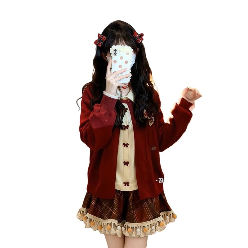 2026新年温柔圣诞红色假两件蝴蝶结毛衣搭配格纹毛绒边裙两件套装,淘宝优惠券,粉丝福利购,淘宝优惠卷