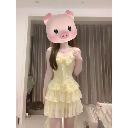 纯欲风小个子修身显瘦荷叶蛋糕连衣裙夏季不规则褶皱吊带仙女短裙 - 图2