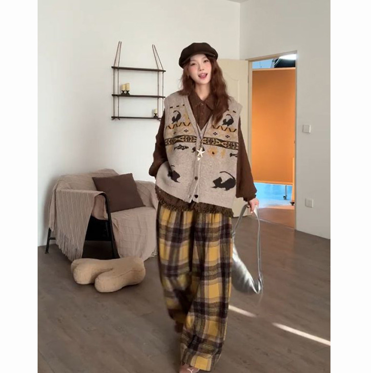 秋冬温柔慵懒风复古木耳边长袖衬衫叠穿针织撞色马甲开衫两件套装,淘宝优惠券,粉丝福利购,淘宝优惠卷