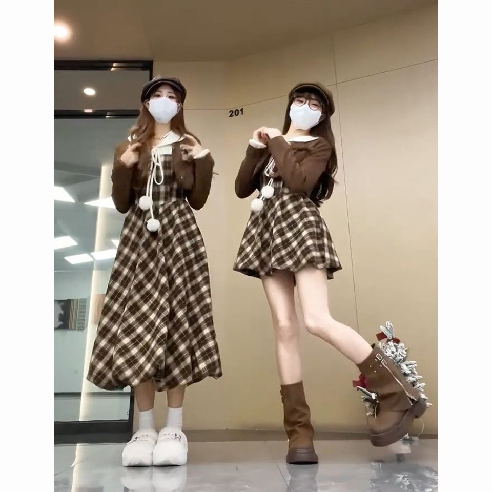 一整套气质温柔甜美格纹花苞连衣裙搭配棕色短款长袖外套两件套装,淘宝优惠券,粉丝福利购,淘宝优惠卷
