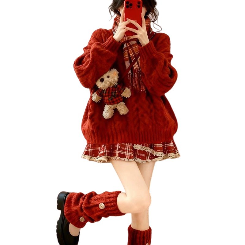 法式温柔圣诞宽松红色麻花针织毛衣搭配撞色格纹半身短裙两件套装,淘宝优惠券,粉丝福利购,淘宝优惠卷