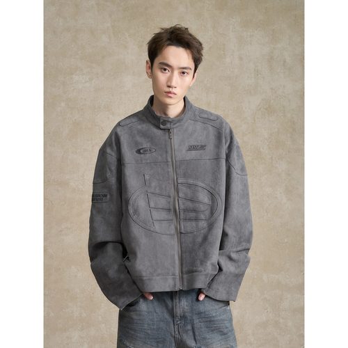 BONELESS刺绣logo麂皮机车夹克秋季美式高街休闲翻领复古外套男 - 图0