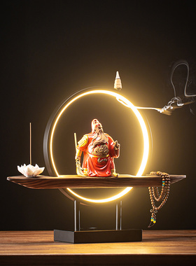 中式风倒流关羽招财桌面灯香炉