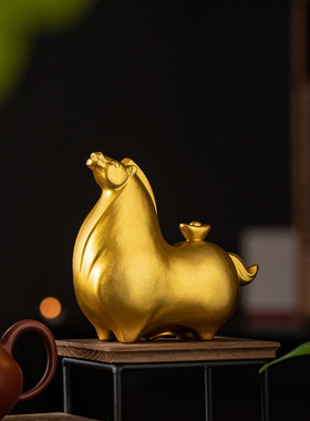 陶瓷金色生肖马马上有钱摆件
