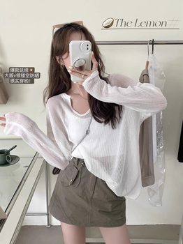 Hollow Sunscreen Knitted Sweater Women's Thin Overshirt 2024 Autumn New-neck V-neck Top Loose and Lazy Style