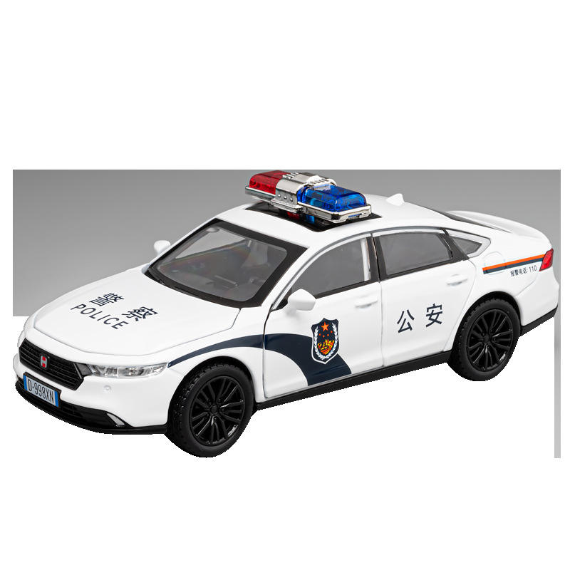 新款嘉业1/32雅阁警车合金汽车模型声光玩具轿车六开仿真车可转向 - 图3