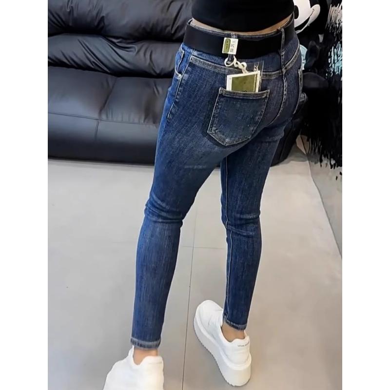 欧版高腰弹力小脚牛仔裤女春夏破洞别致修身紧身显瘦百搭九分长裤 - 图0