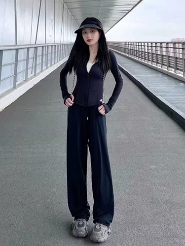 Весенняя черная шелковая одежда для защиты от солнца, спортивный костюм, комплект, городской стиль