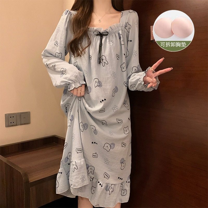 长袖睡裙女春秋季带胸垫纯棉可外穿防凸点棉纱睡衣女学生2025新款,淘宝优惠券,粉丝福利购,淘宝优惠卷