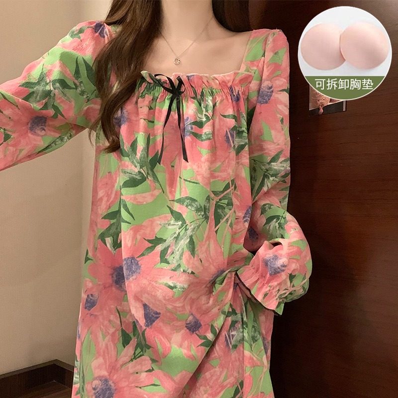 长袖睡裙女春秋季带胸垫纯棉可外穿防凸点棉纱睡衣女学生2025新款,淘宝优惠券,粉丝福利购,淘宝优惠卷