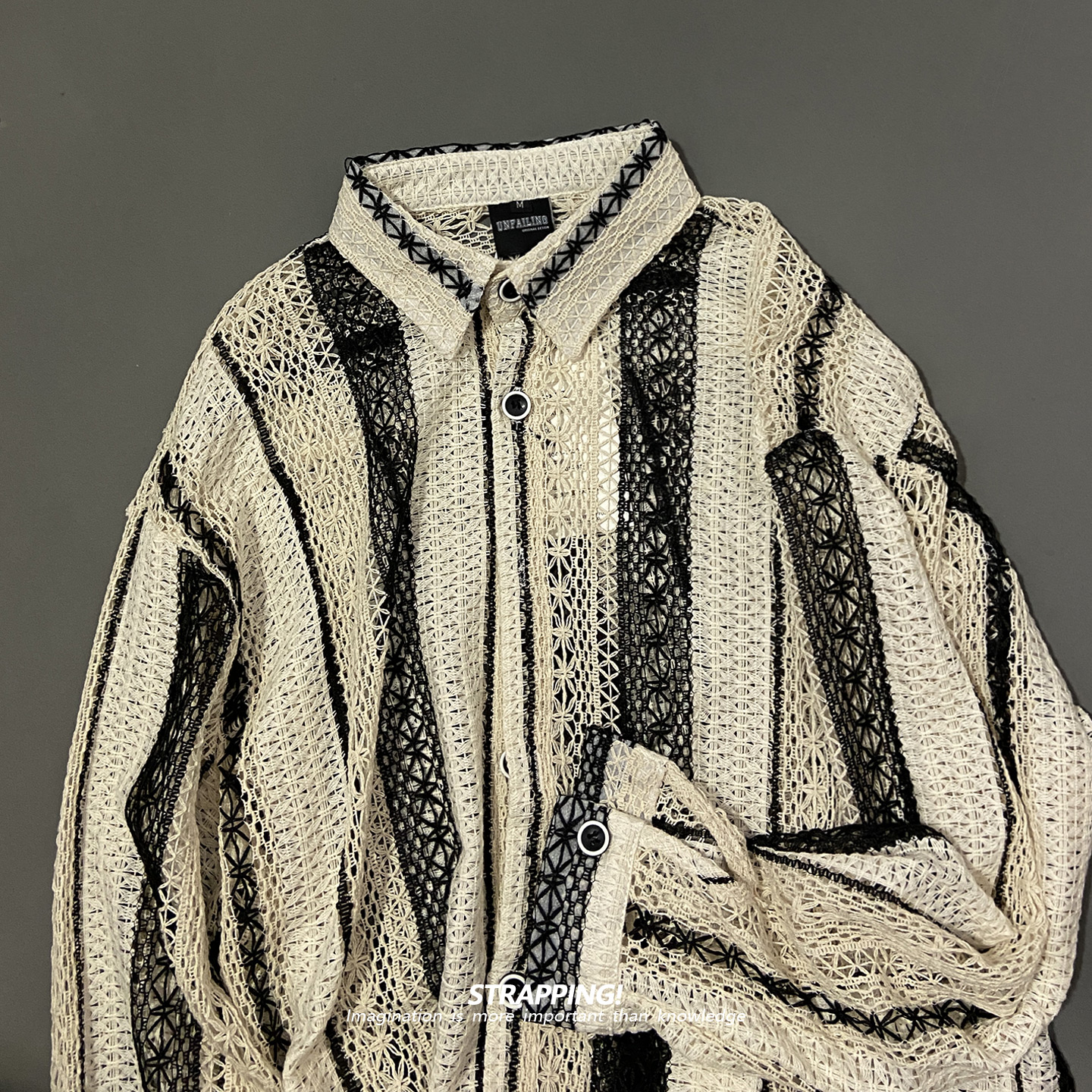 STRAPPING镂空透感 粗条纹棉质长袖衬衫日系复古男女INS宽松文艺 - 图2