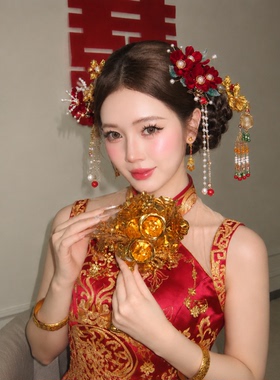 红色绒花流苏新娘秀禾头饰全套