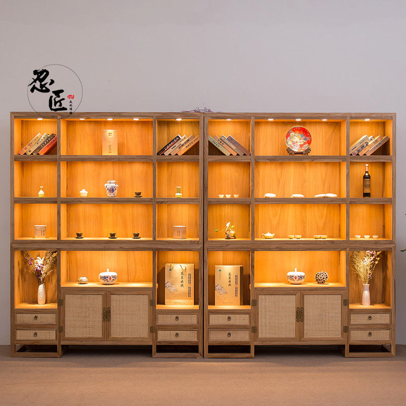 新中式展柜老榆木茶叶展示柜实木博古架普洱茶展示柜景德镇瓷器柜_虎窝淘