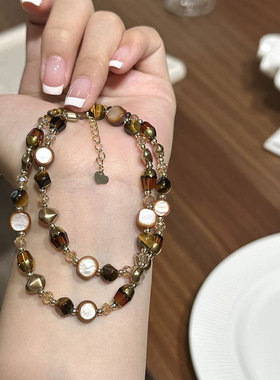 虎眼石咖色周雨彤天然串珠项链