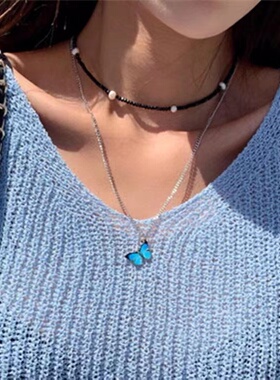 黑水晶天然淡水珍珠女锁骨链