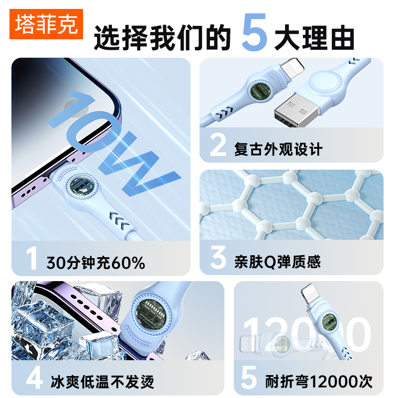 塔菲克适用iPhone14promax数据线USB快充苹果13手机充电12mini充电器加长2米11冲电8plus闪充XR平板ipad正品