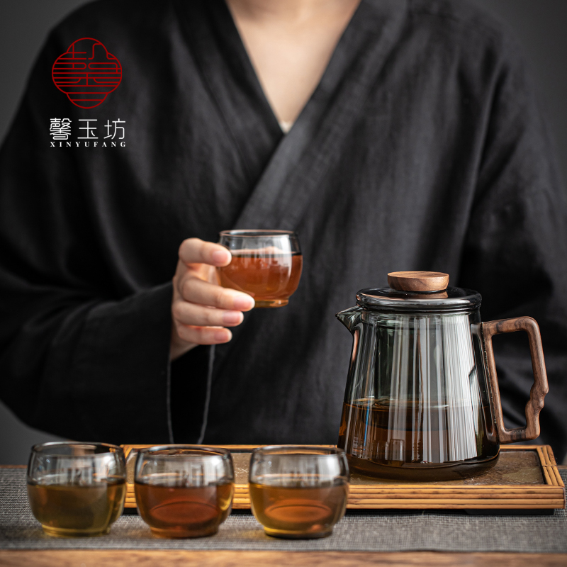 馨玉坊加厚玻璃泡茶壶胡桃木把茶水分离带过滤煮茶器家用花茶壶