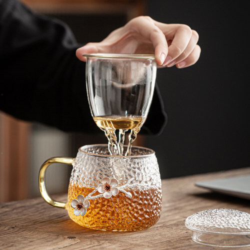 馨玉坊日式锤纹玻璃茶杯家用口杯水杯花茶茶水分离玻璃杯过滤杯子 - 图2