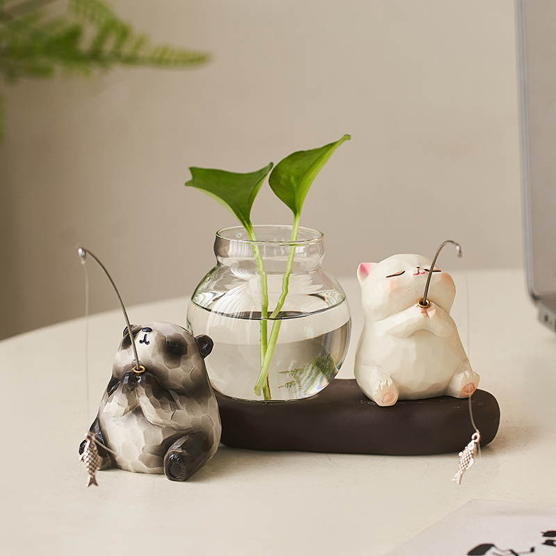 小猫钓鱼玻璃花瓶水培绿植摆件装饰品办公室桌面工位氛围布置好物 - 图2