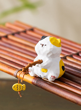 小猫钓鱼摆件鱼缸边缘造景装饰庭院生态乌龟缸水缸微景观水族古法