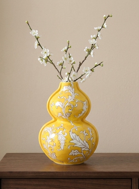 欧式古典黄色陶瓷葫芦花瓶摆件