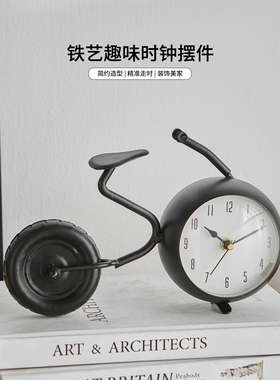 复古铁艺飞机时钟摆台式桌面男生卧室书房创意摩托钟表摆件装饰品