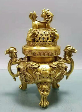 古韵斋黄铜艺术品摆件熏香炉摆件家居饰品二龙现代金属摆件批发