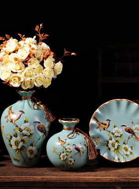 美式复古装饰品花瓶盘子欧式客厅玄关酒柜现代创意家居陶瓷摆件